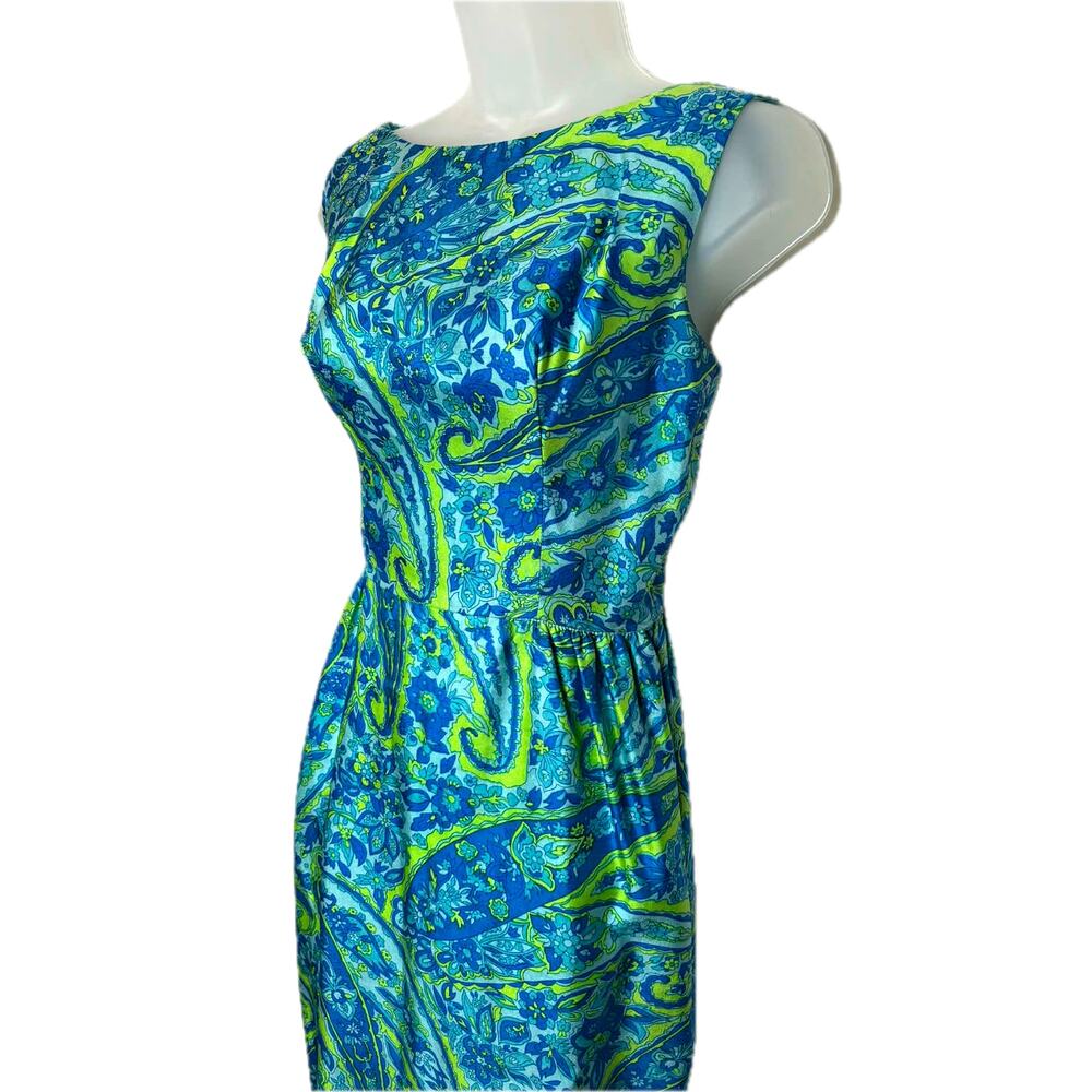 Vintage 1960s Blue & Green Paisley Cocktail Party Dress Sz Small Sleeveless Zip